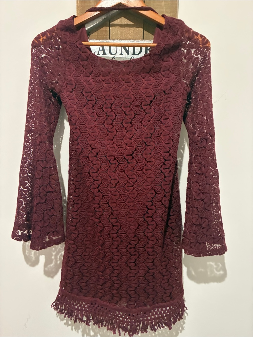 Design Lab Lord & Taylor Burgundy Crochet Lace Bell-Sleeve Dress